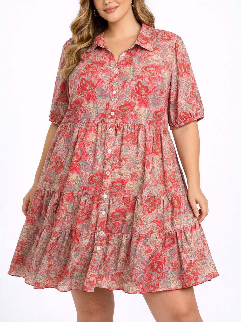 SHEIN Pink Floral Button Front Tiered Shirt Dress Summer Boho Flowy Mini